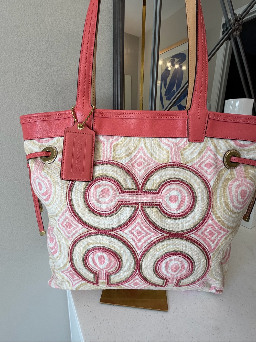 Coach Pink interlocking Cs Tote with Leather Trim Hang Tag EUC